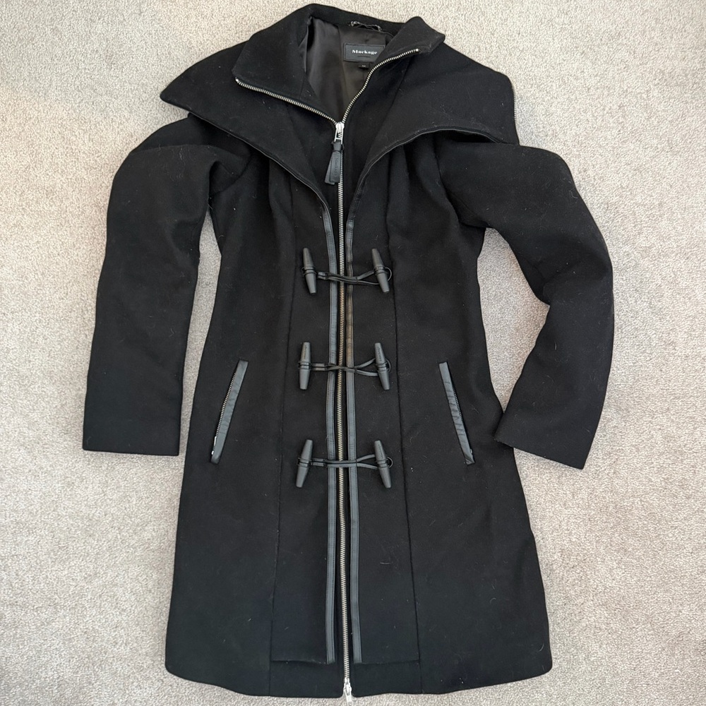 Mackage Black Wool Toggle Coat with Detachable Hood. Size Small